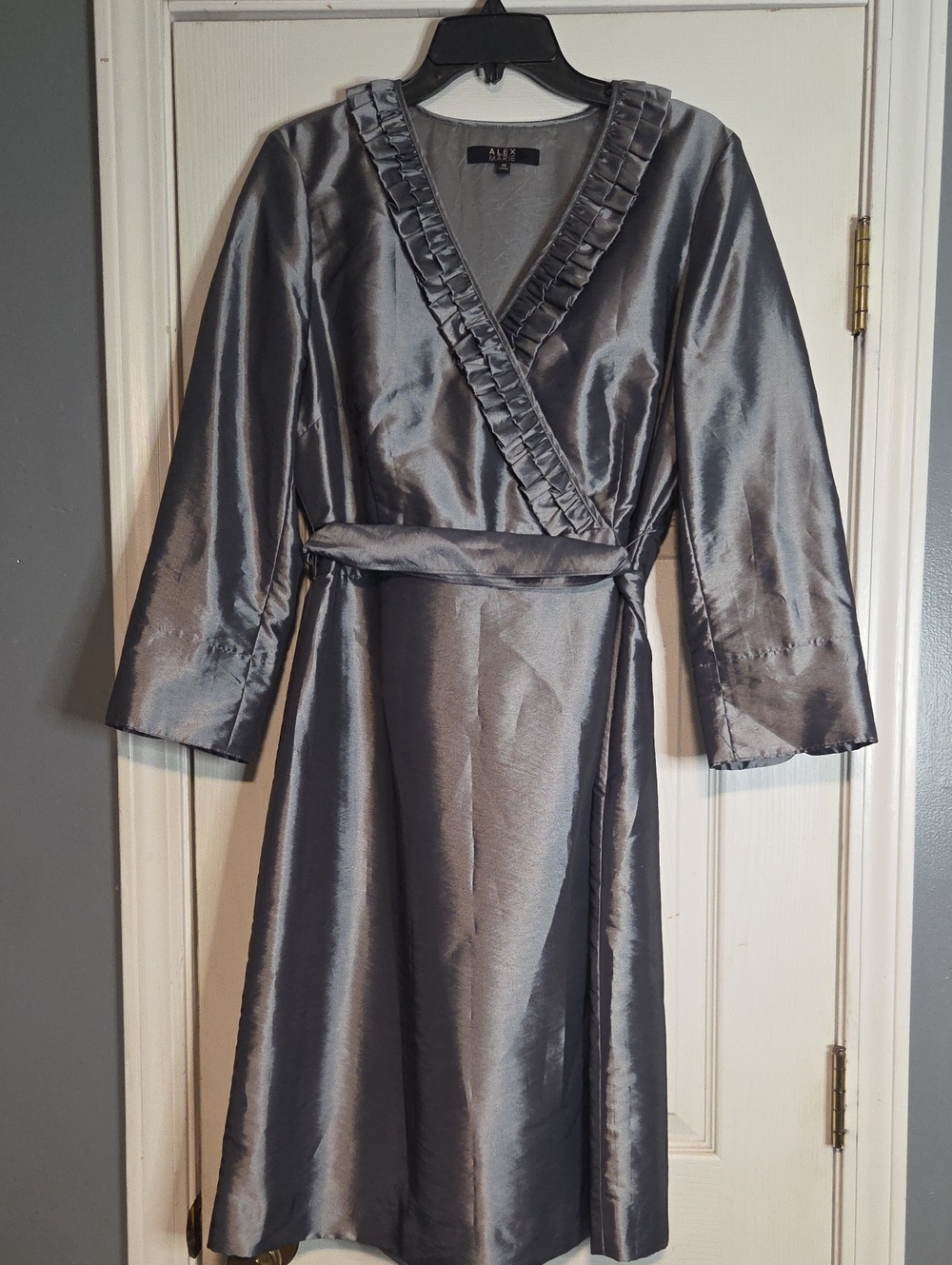 Alex Marie Silver Satin Dress with Ruffle Trim